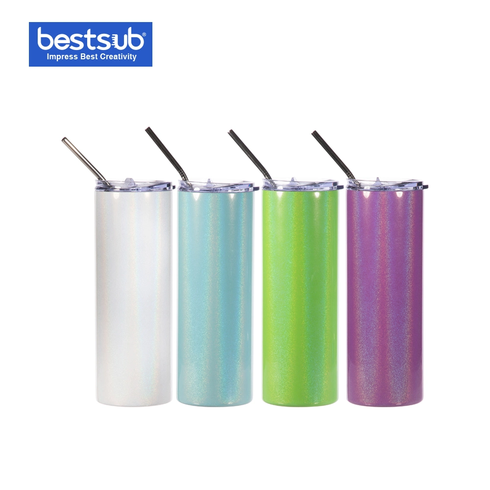 20oz 600ml Sublimation Blank White Sparkling Rainbow Glitter Stainless Steel Straight Skinny Tumbler with Straw and Lid