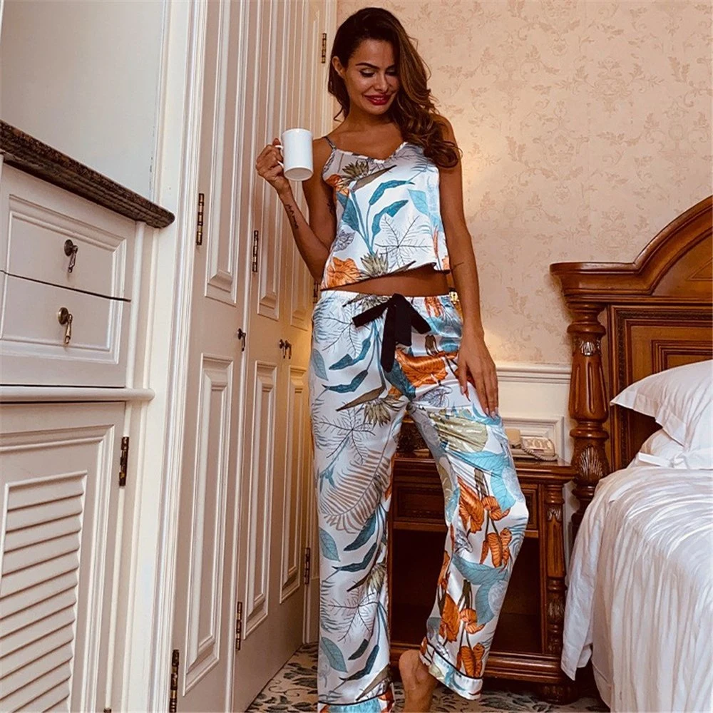 Pyjamas 2022 Fashion Leaf Printing Pajama Set Sling Top Wide Leg Pants Sexy Lingerie Women Sleepwear