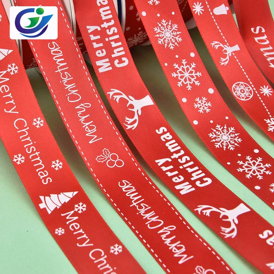 Fábrica Nueva Foil Oro Verde Rojo Impreso Xmas Tree Deer Cinta de Navidad de Papá Noel Snowman Grosgrain para el embalaje