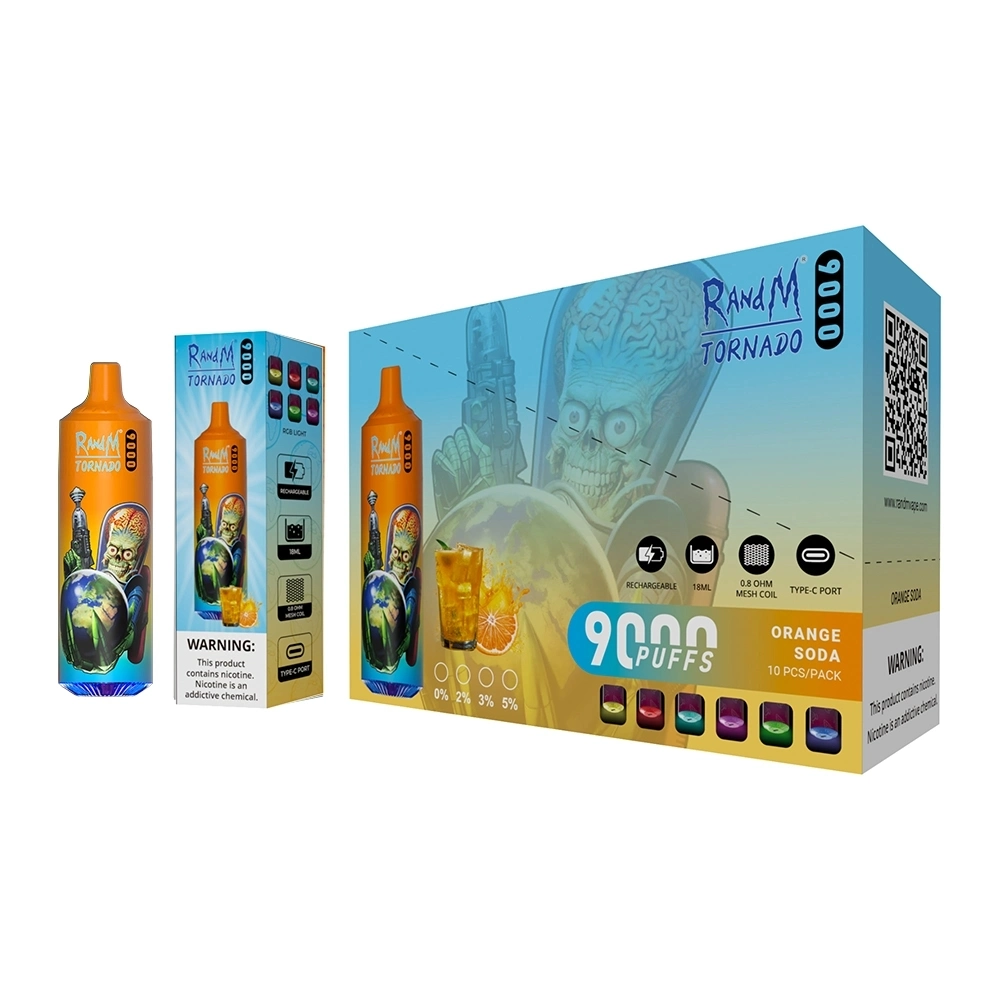 Novo lançado 9K Baforadas Randm Tornado 9000 18ml e-Liquid &amp; Tipo C 850 mAh recarregável Ecig descartáveis e cigarros Vape descartáveis