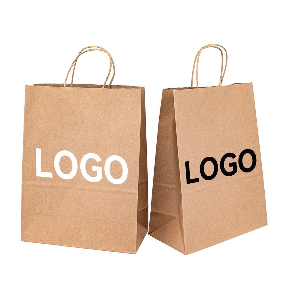 Logotipo personalizado Bolso de papel Kraft marrón y blanco impreso ecológico Ropa Bolsa de la compra Giftbag personalizada con asas