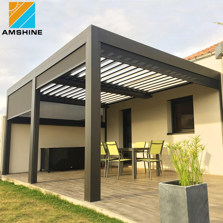 Waterproof Metal Outdoor Louver Canopy Roof Garden Carport Awning Motorized Aluminum Pergola Gazebo with Curtain Screens