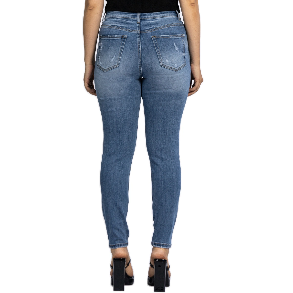 Biselado Appliqued azul Ripped jeans ajustados para la Mujer