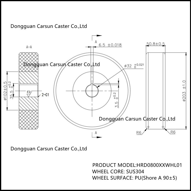 Carsun 200mm Roue en plastique PU 8 pouces Noyau de roue en acier inoxydable Roues en polyuréthane