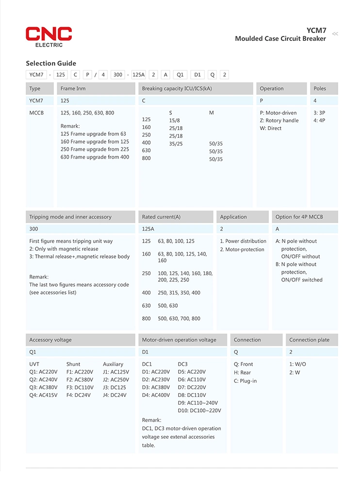CNC Ycm7 3p 4p MCCB Thermal Magnetic Adjustable Circuit Breaker MCCB IEC60947-2 Approved for Power Distribution Motor Protection Moulded Case Circuit Breaker