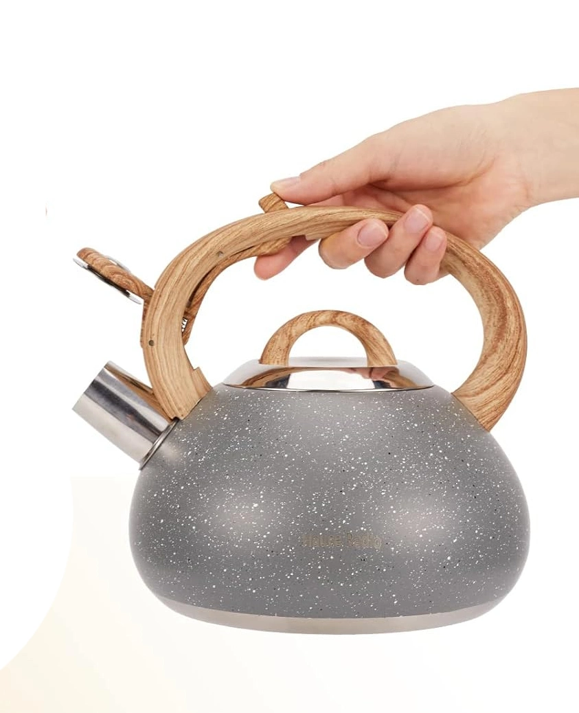 Tetera - silbido de estufa fuerte Teapot hecho de acero inoxidable de calidad alimentaria con mango de grano de madera adecuado para té, café, leche