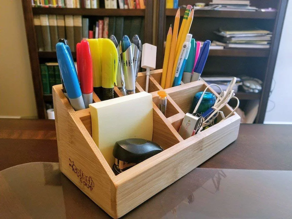 Small Multifunctional Bamboo Organizer Desk Caddy Home Office Accessory Tray School Art Supply Holder Pen Pencil Brush Compartment Collection