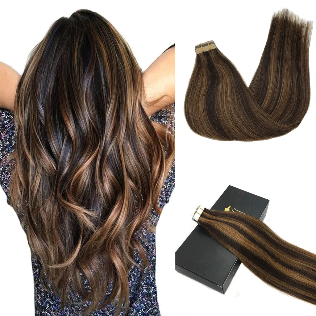 Remy Extensiones de Cabello cinta en el cabello humano Ombre marrón oscuro Marrón Castaño destacó Ombre Extensiones de Cabello la Cinta de pelo 20pcs 50 g de 24 pulg.