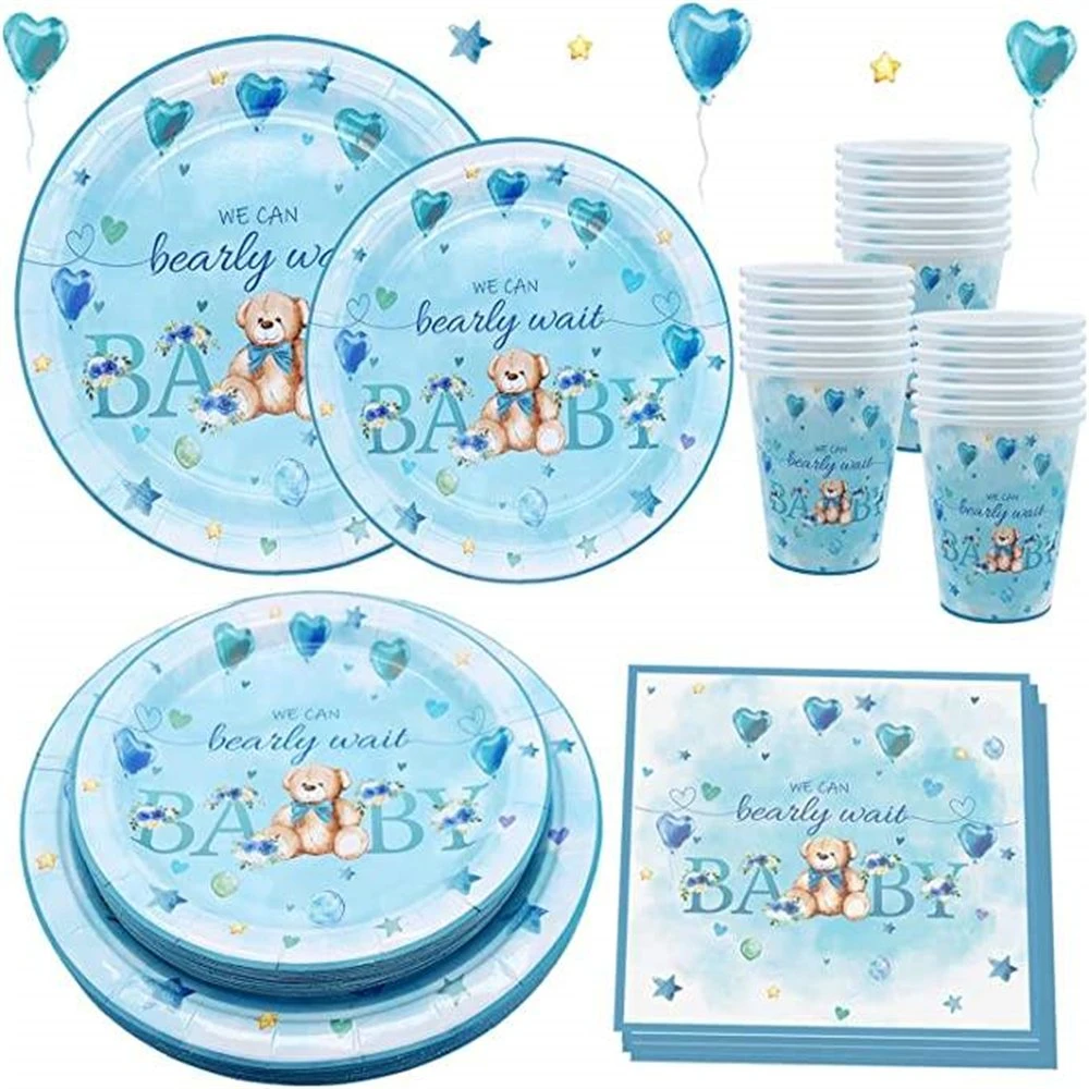 Teddy Bear Baby Shower Party Decorations Tableware Set Serves Disposable Plates Napkins