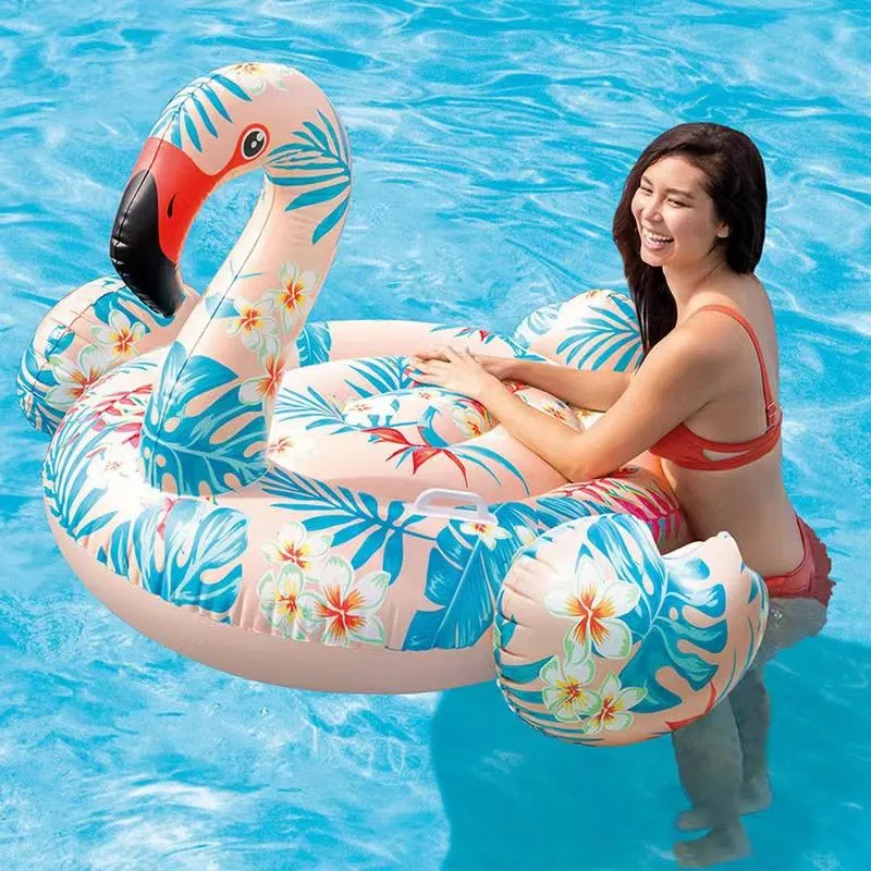 14inflatable Pink Pattern Flamingo Pool Float Lounger, Outdoor Raft, Rideable Pool Toy for Adults &Kids