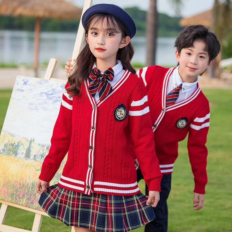 English Style Team Uniform Spring and Autumn Attire Cardigan Red Sweater