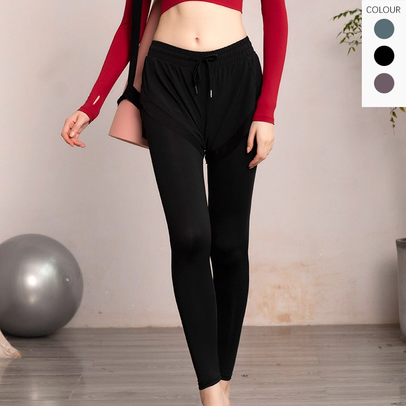 New Yoga Pants Sports Fake Two Pieces of Anti-Glare Leg Length Running Tight Trousers Elastic Fitness Clothes for Women