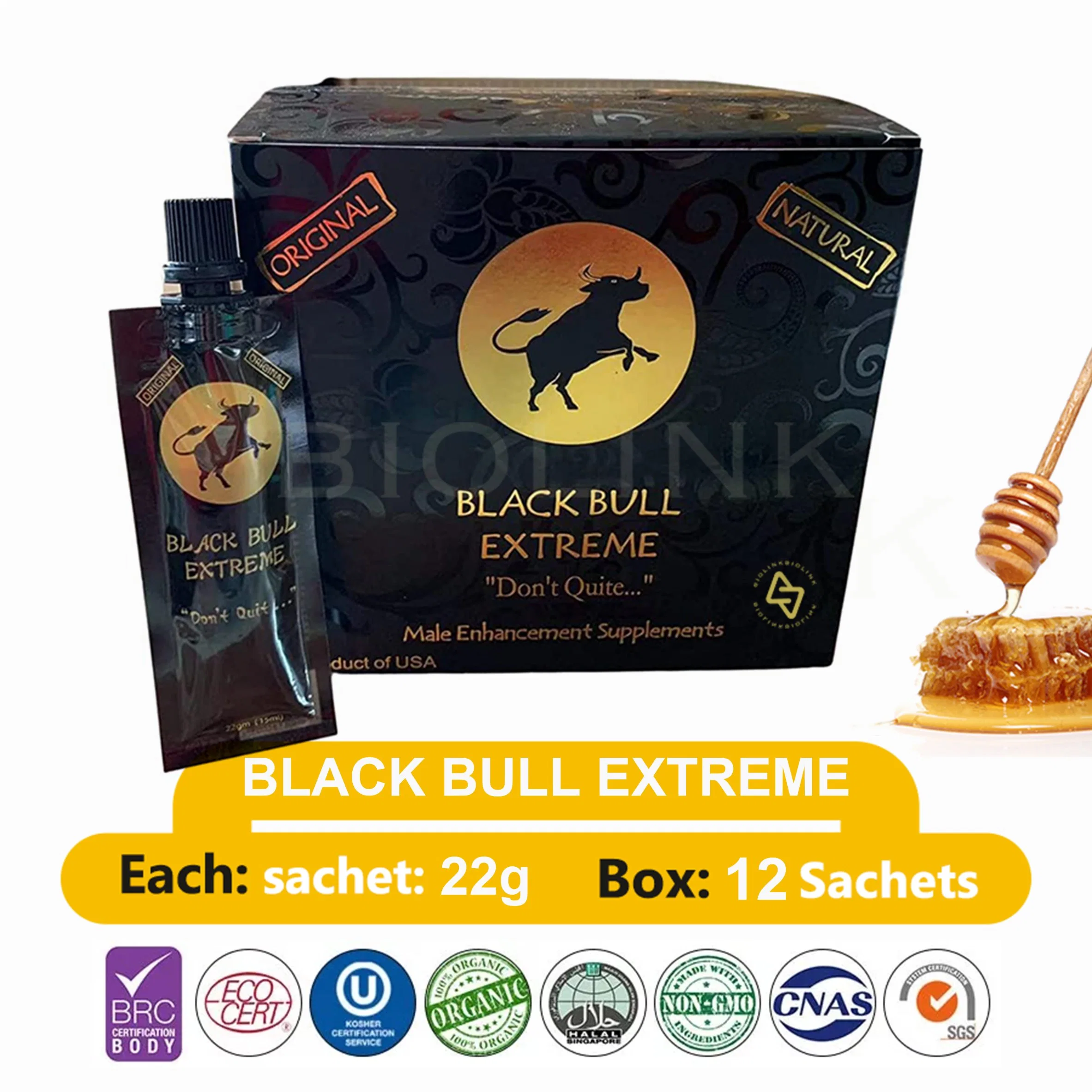 Panax Ginseng Roots in Royal Honey VIP for Him Black Bull Extreme Don't Quit Canada 12 Pouches -22g