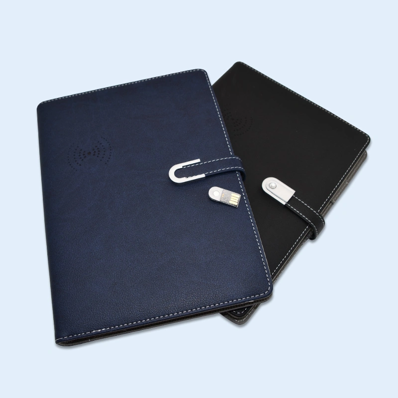 Academic A5 Hard Cover Logo Customized Pocket Notepad PU Leather Diary Notebook with Charger