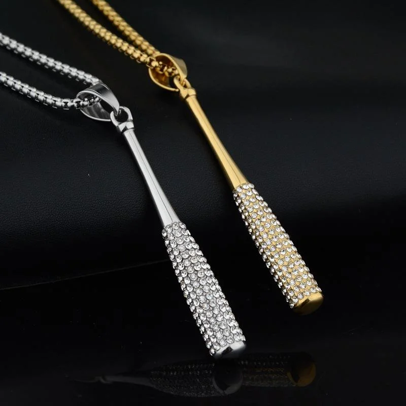 Colar De Beisebol Gold Plated Titanium Steel Zircon Baseball Pendant Necklace Shiny Bling Bling Baseball Necklace