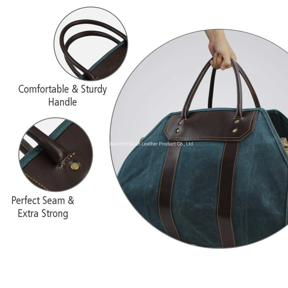 Heavy Duty Blue Waxed Canvas Large Handbag for Camping, Winter Transport Wood, Logging Storage Bag with Padded Leather Handle