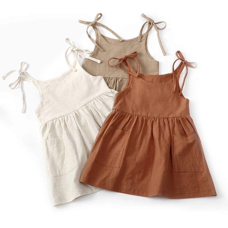 Summer Solid Cotton Linen 2 Side Pocket Suspender Dress