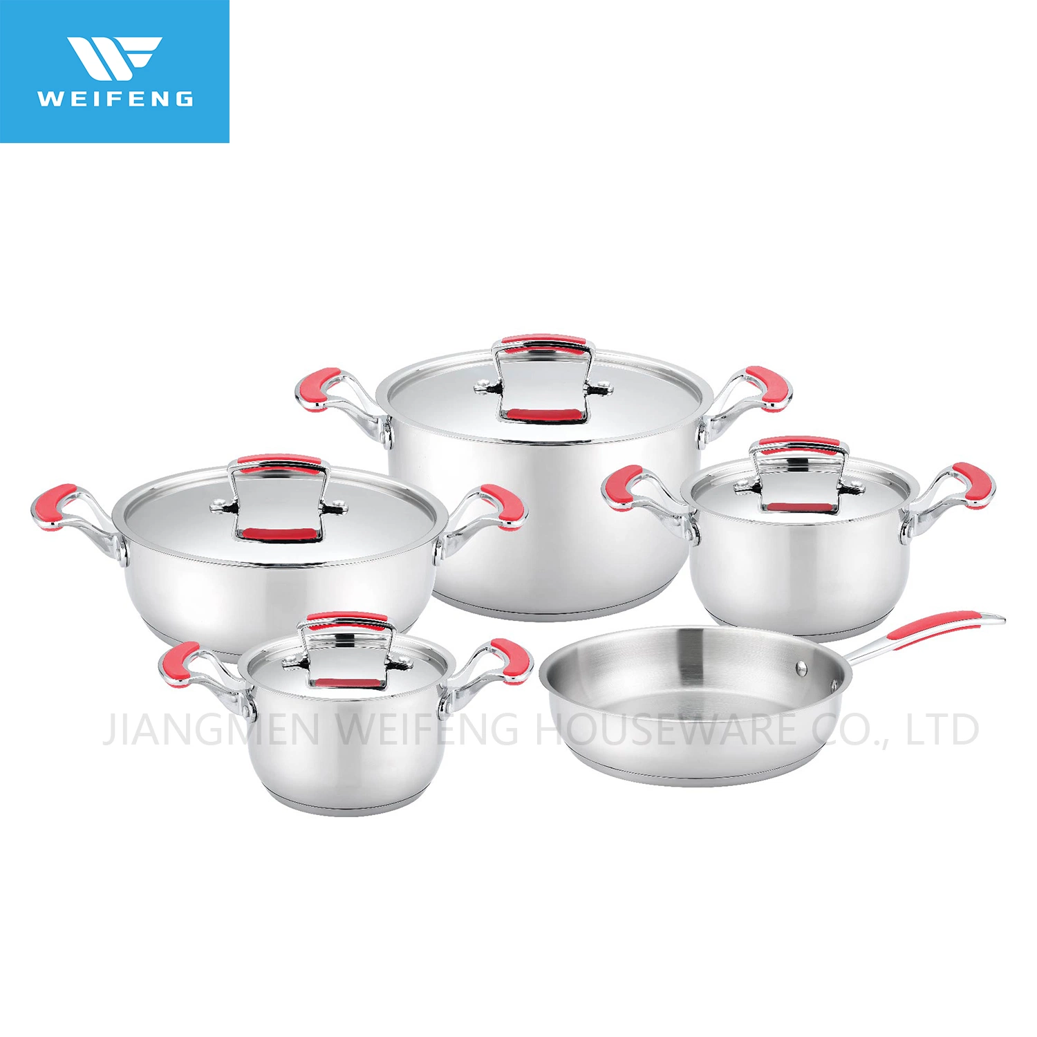 9 PCS Red Silicone Handle Stainless Steel Cookware Set Kitchen Ware