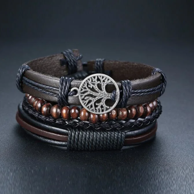 4PCS/ Set Braided Wrap Leather Bracelets for Men Vintage Life Tree Rudder Charm Wood Beads Ethnic Tribal Wristbands