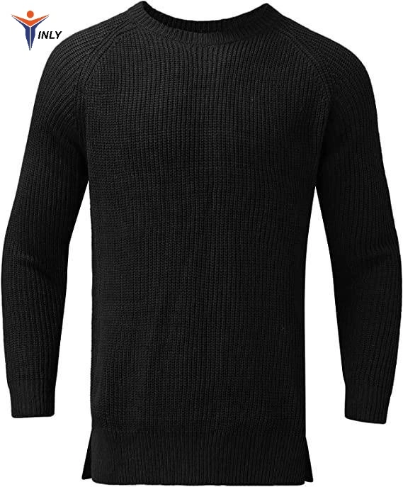 Custom Logo Sweaters Mens Fall Winter Pullover Hem Side Split Solid Warm Loose Casual Crewneck Knitted Jumper Tops Fashion Plain Long Sleeve Sweater