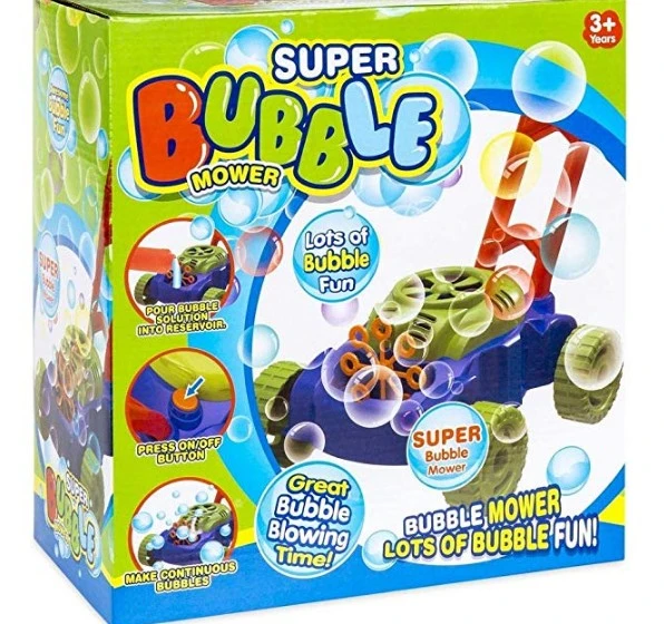 Amazon vende caliente juegos al aire libre de la segadora de césped de la burbuja de la máquina del ventilador de la burbuja de juguetes para bebés