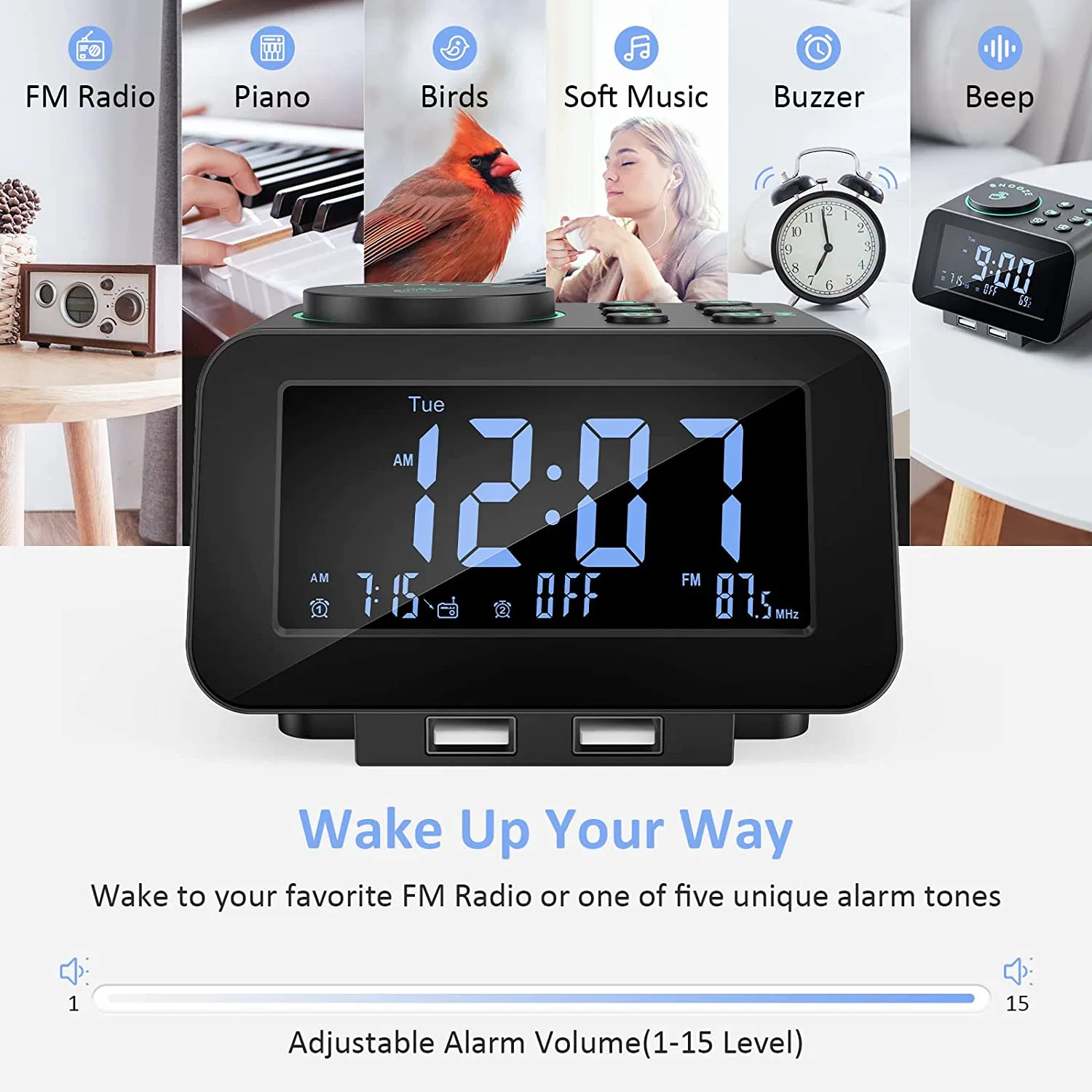 Digital Pll FM Radio Support 2 USB Charging Dual Clock Alarm