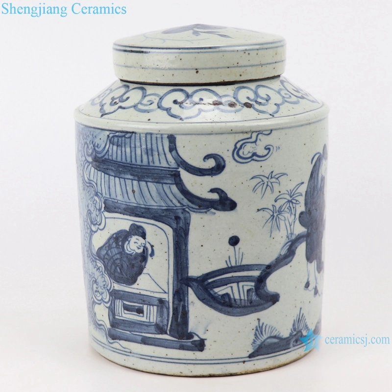 Chinois fait main porcelaine bleu et blanc Antique bocal Ancestor Lidded Pot