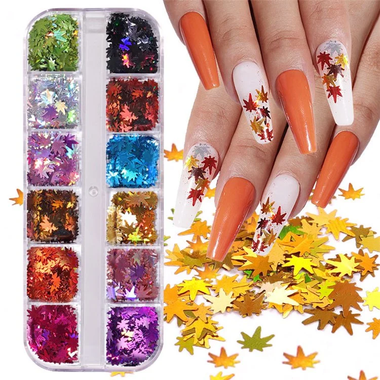 La cuadrícula 12 láser de la serie Otoño Maple Leaf Sequin pegatinas de uñas Diseño uñas Accesorios