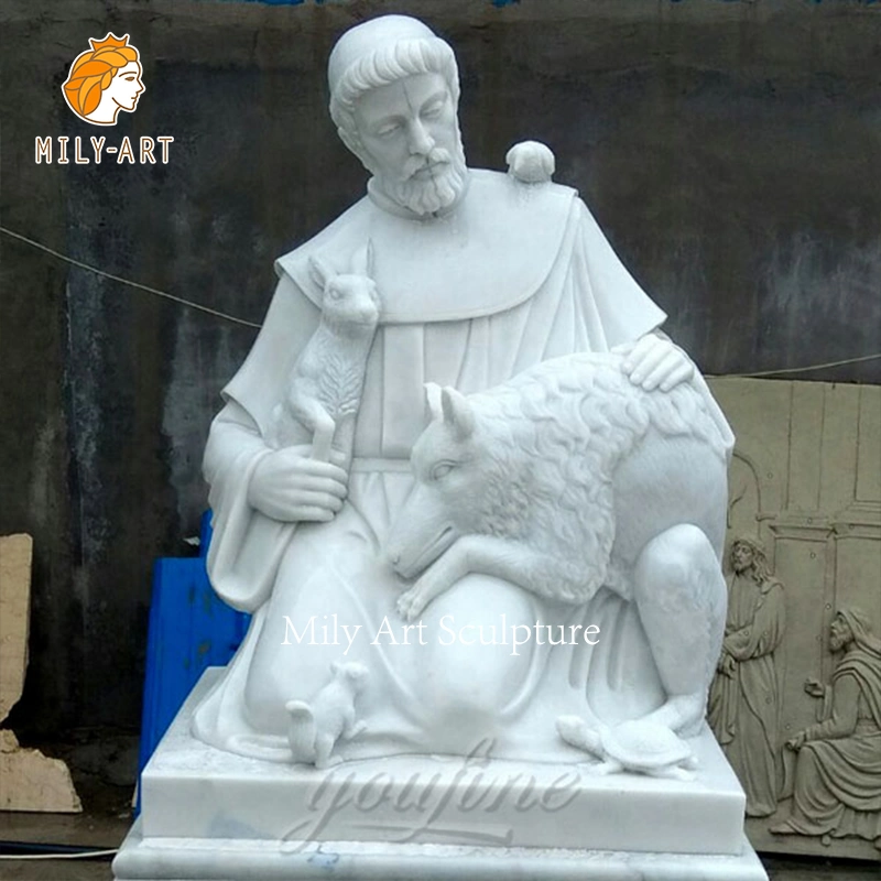 Lebensgroße Outdoor Weiße Hand Schnitzerei Stein Weißer Marmor Heilige Francis-Skulptur