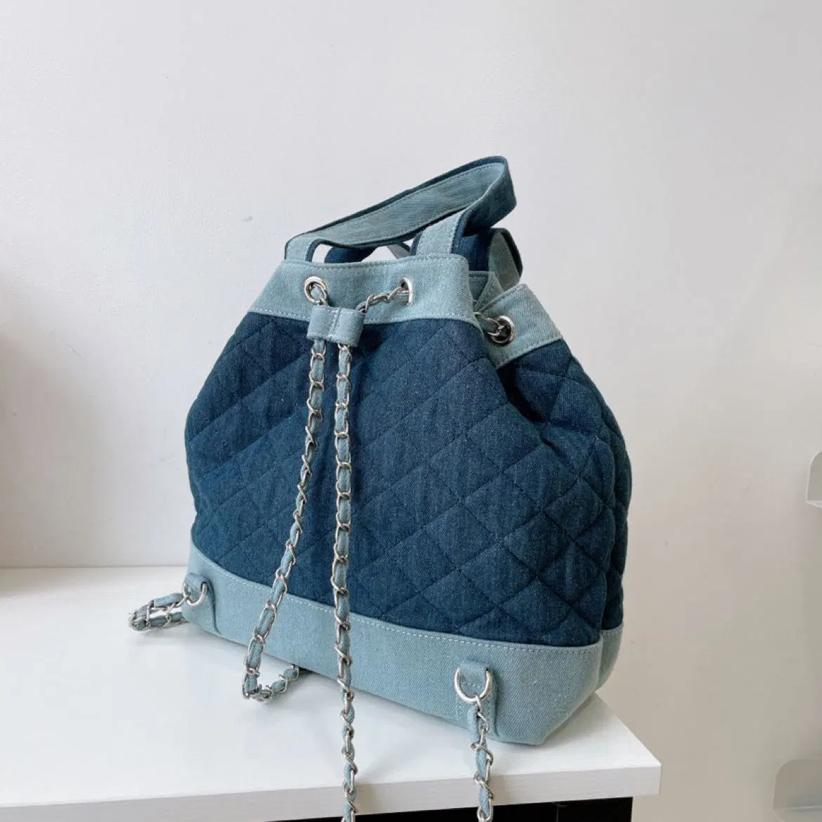 Designer Vintage Denim Rhombic Drawstring Backpack Handbag Back Cross-Bag Messenger Bag