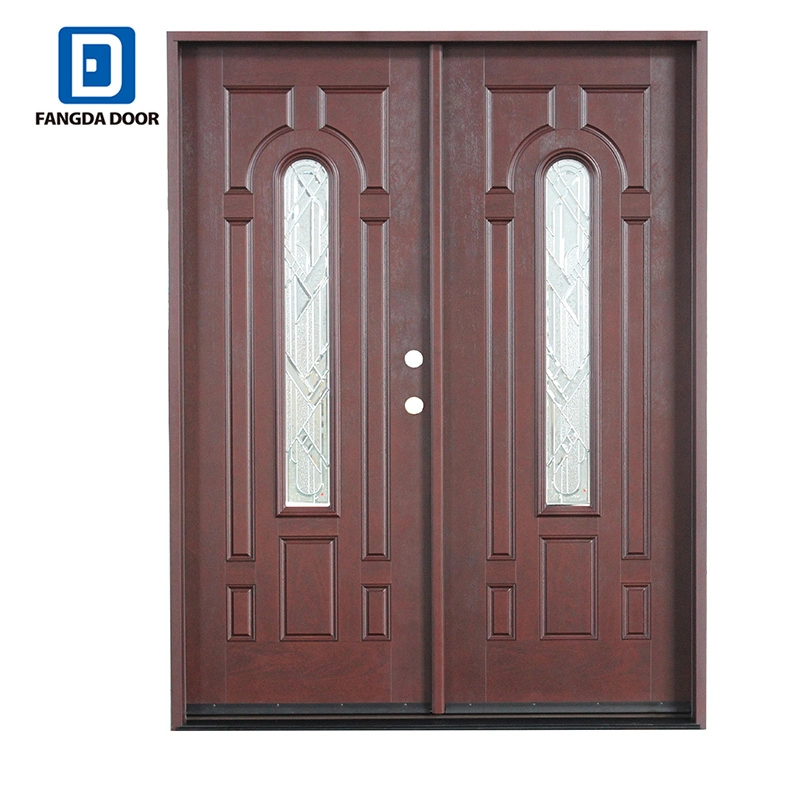 Fangda Discount Door Center Arch Finished Mahogany Fiberglass Hung Double Door Unit