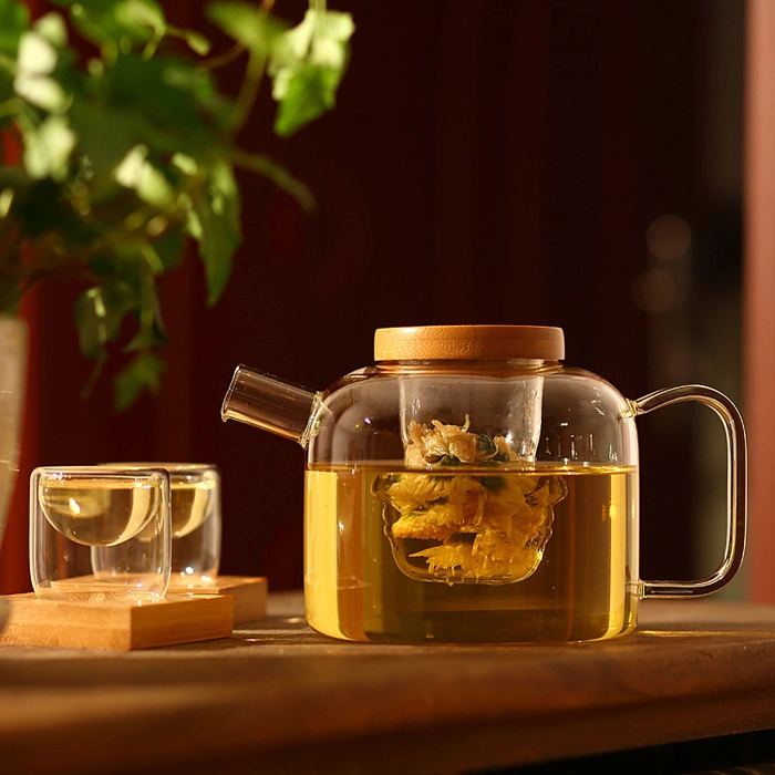 Transparent High Borosilicate Teapot Heat Resistant Glass Tea Pot with Wooden Lid and Glass Filter