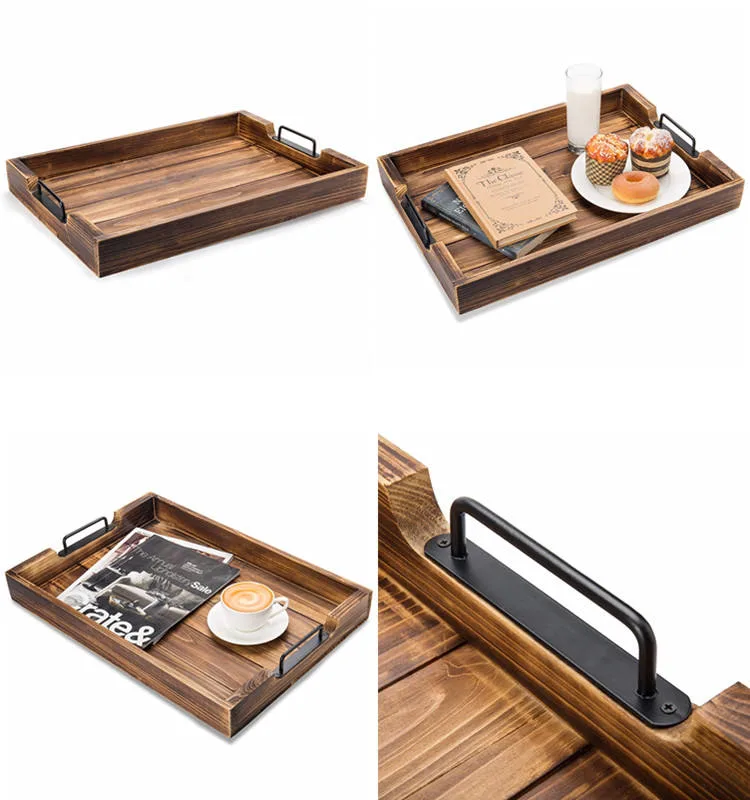 Bandeja de madeira queimada nesting rectangular que servem as bandejas com alças de metal por grosso