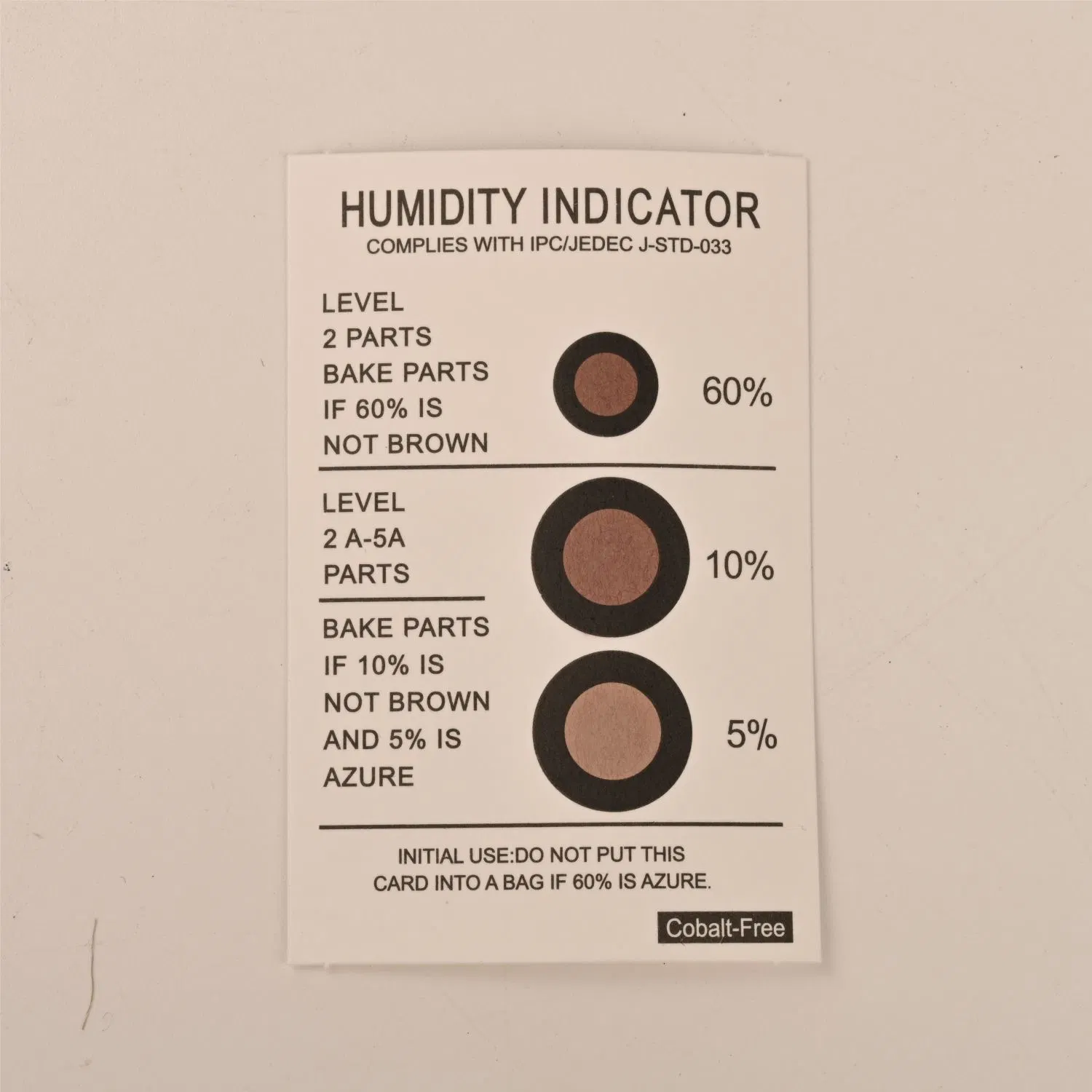 5%-10%-60% Jedec Standard Fast Response Cobalt Free Hic Humidity Indicator Cards for Camera Lens