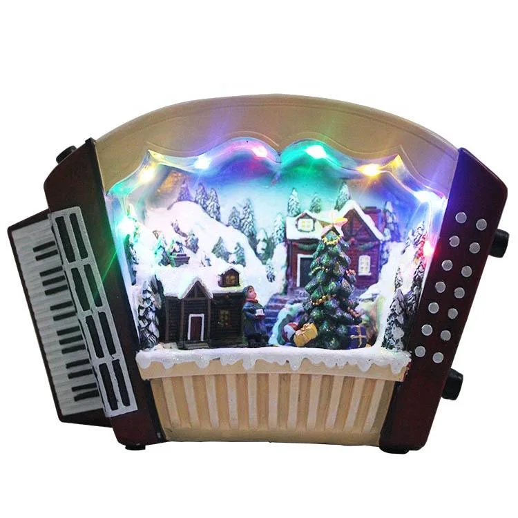 Customized Melody LED Lighted Musical Resin Accordion Figurine Xmas Village Scene Christmas Ornament