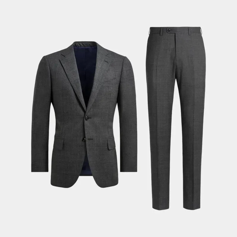 Business Gentleman in Grey Wool Slim Fit Men Two Single Breasted Suits.