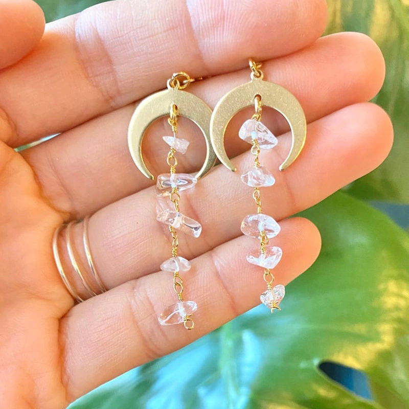 New Hippie Tribal Sun Crescent Earrings Brass Color Witchy Jewelry Bohemia Birthday Magical Clear Stone Point Women Fashion Gift