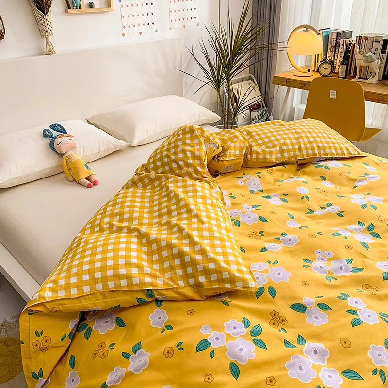 Yellow Small Flower Printing Cotton Bedsheets Comforter Bedding Set 4 PCS Modern Floral Print Bed Spreads Sets