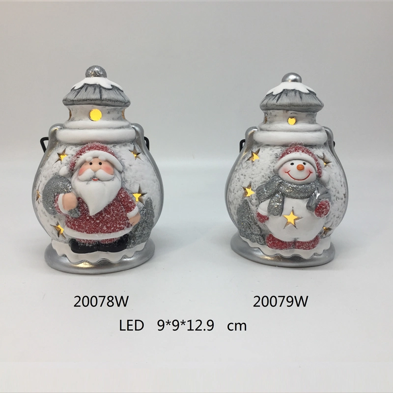 Handling Ceramic Santa&Snowman Assortment Storm Lantern, LED Night Light Lamp for Christmas Decoration