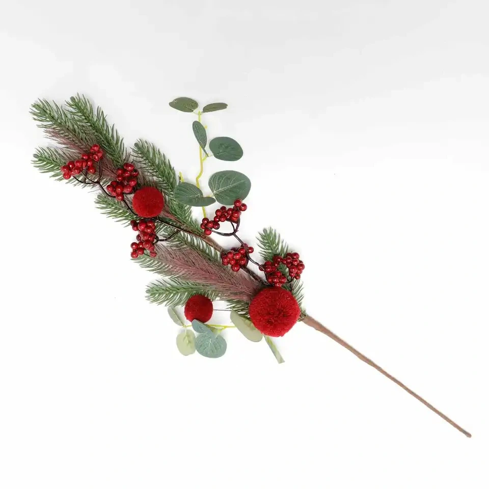 Artificial Cranberry Branches Christmas Pick Wool Balls Holly Stems Craft Winter Floral Christmas Decorations