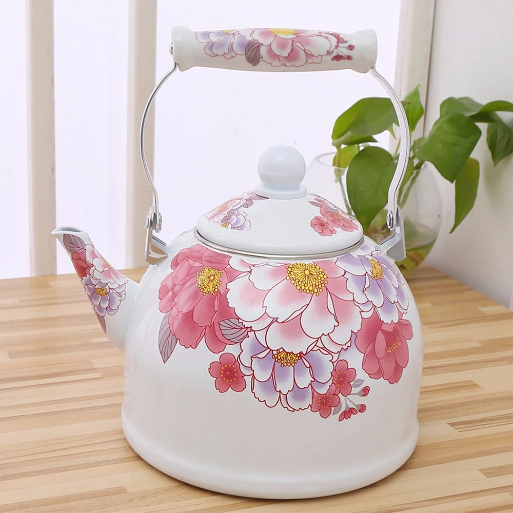 Durable Wholesale/Supplier All Flower Decal Enamel Tea Kettle with Pottery Handle 3.5L