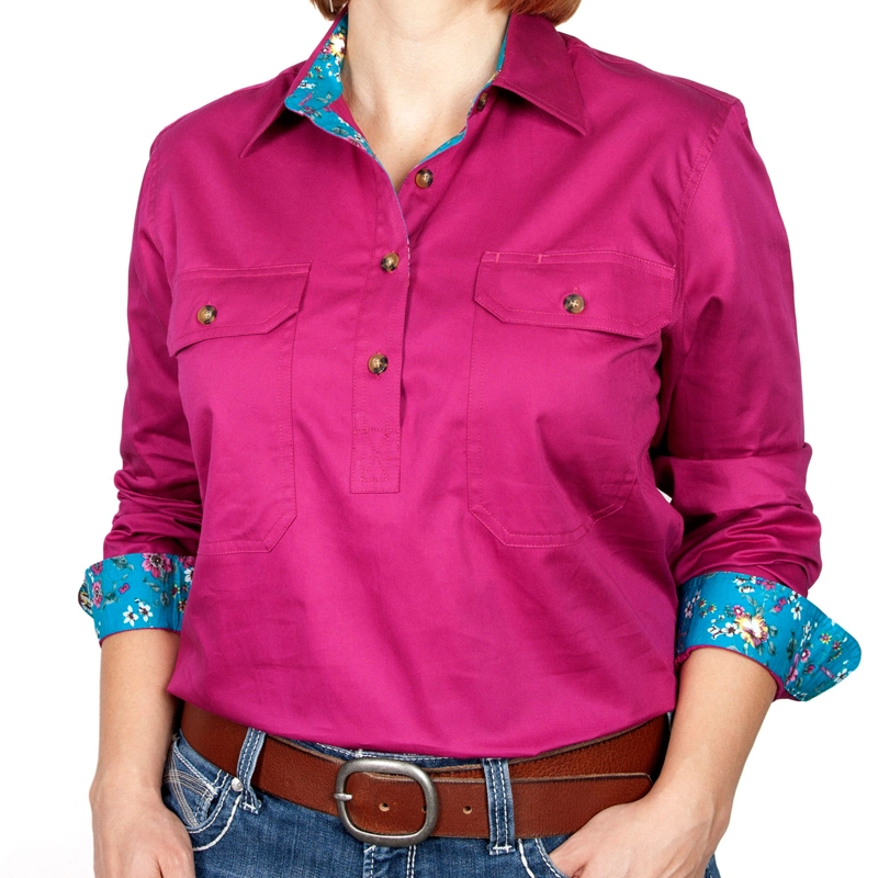 Custom Half Button Long Sleeve Print Blouse with The Inlay Shirt for Women Clothing