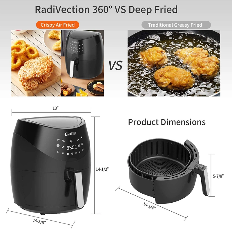 Multifunction Black Stainless Steel Air Fryer Oven Digital Display 6 Quart Large Airfryer Cooker 12 1-Touch Cooking Presets, XL Air Fryer Basket 1500W Power