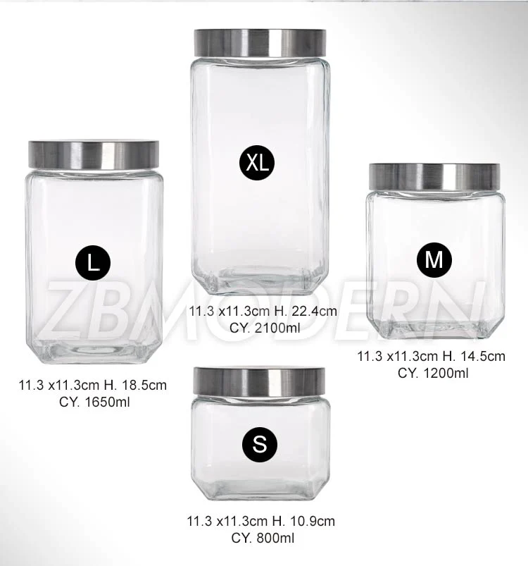 4 PCS Kitchen Airtight Food Storage Containers Square Glass Storage Jar Labels Marker Stainless Steel Lid