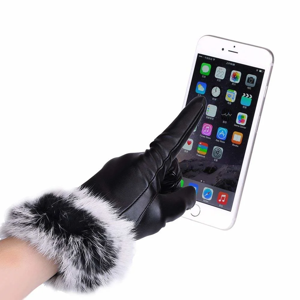 Wholesale/Supplier Custom PU Leather Touchscreen Windproof Waterproof Women Rabbit Fur Gloves