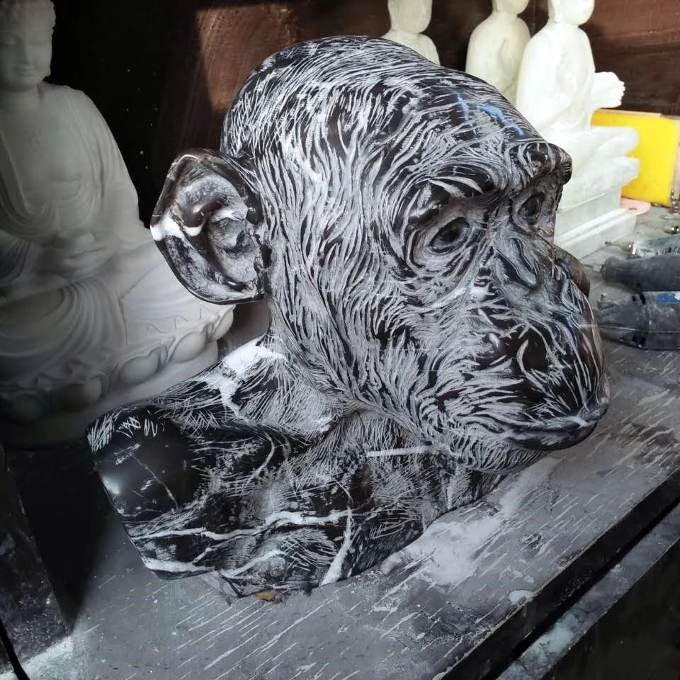 Nero Marquina mármol Chimpanzee Bust Carving Sculpture