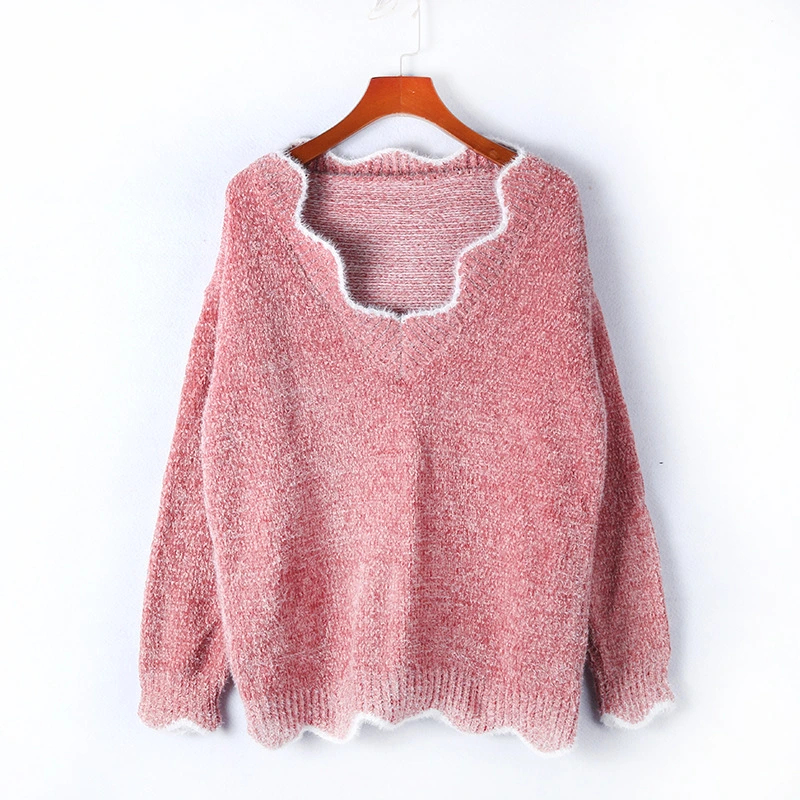 Autumn Solid V Neck Knitted Woman Sweater, Cute Ruffled Long Sleeve Causal Pullover