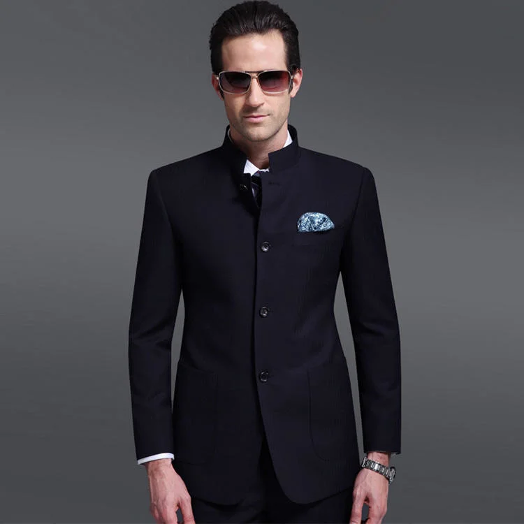 Super 130' S китайского стиля костюм100% шерсть черный четыре кнопки с учетом, стенд втулку свадебный костюм для мужчин