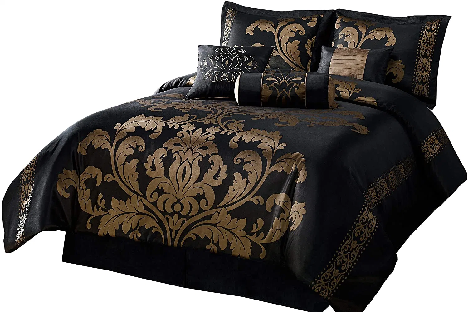 Ligados jacquard edredón Floral Set Bed-in-a-Bag, Reina, el oro negro