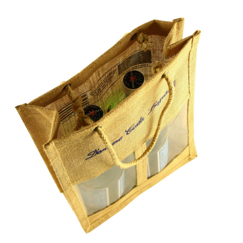 High quality/High cost performance  Double PVC Windows Custom Logo Tote Bag Gift Jute Wine Bag